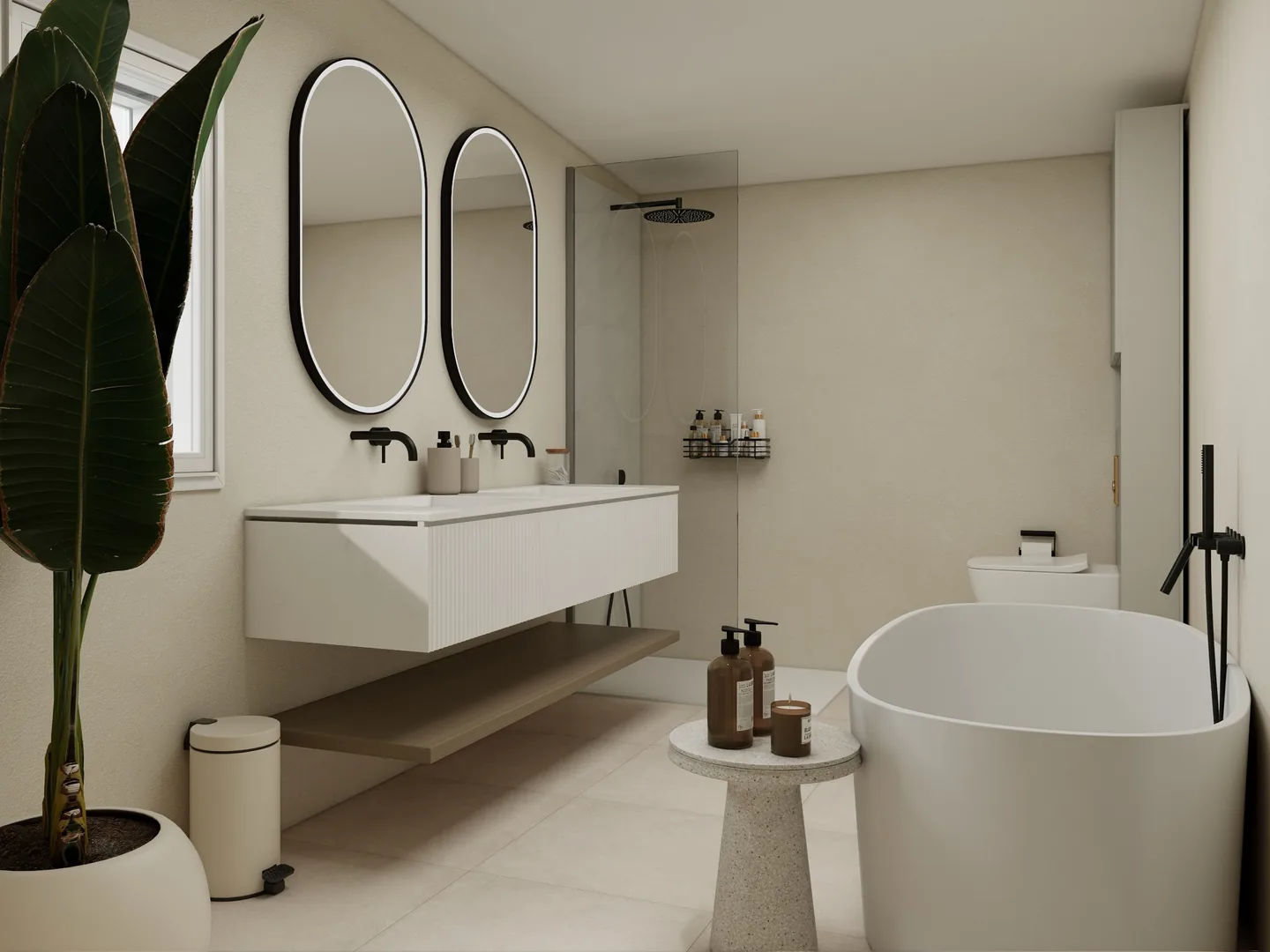 Rendu 3D d’une salle de bains : double vasque suspendue blanche, deux miroirs ovales à cadre noir, baignoire îlot, grande plante.