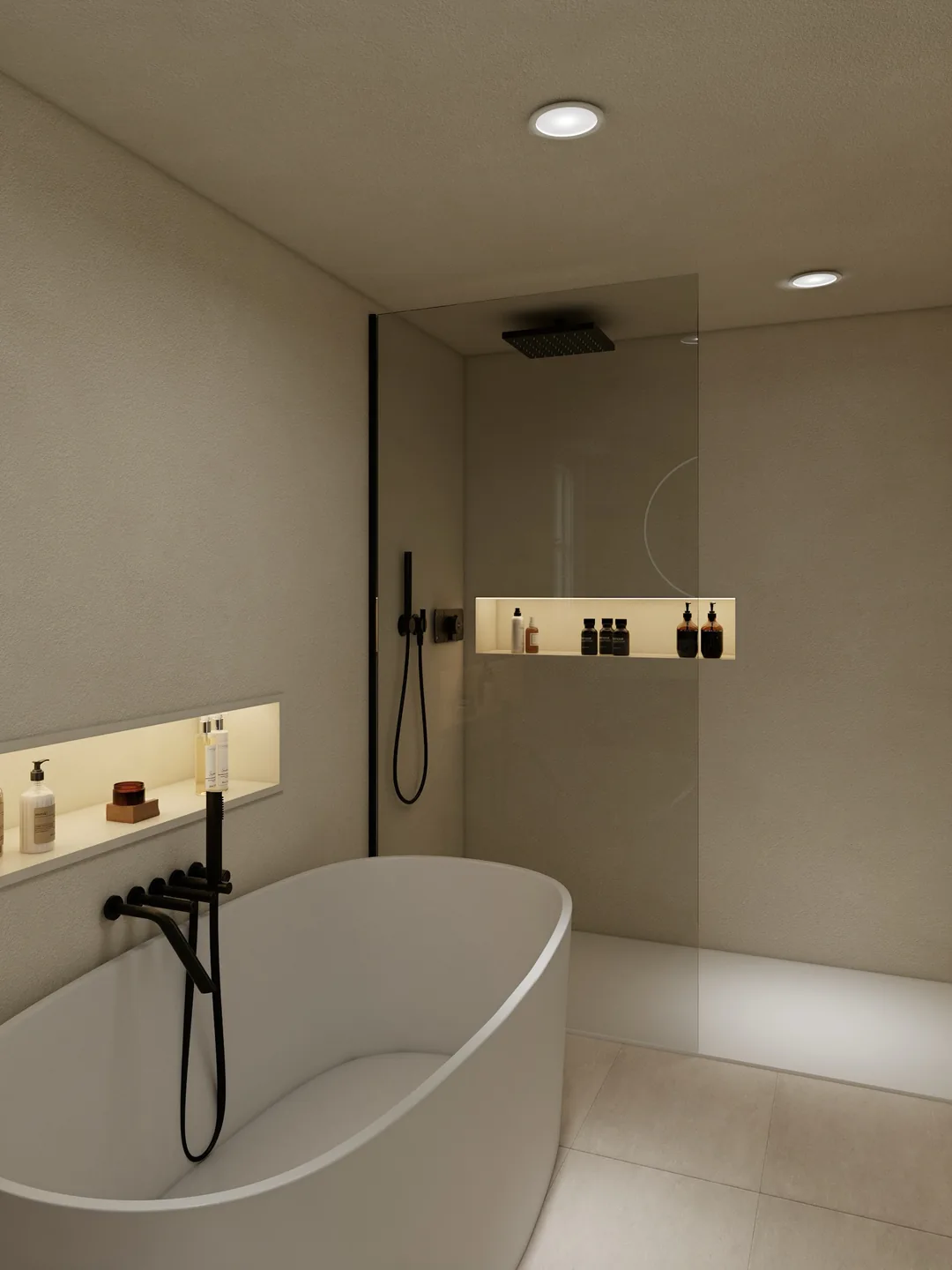 Rendu 3D d’une salle de bains : baignoire îlot, douche à l’italienne et robinetterie noire, niche éclairée.
