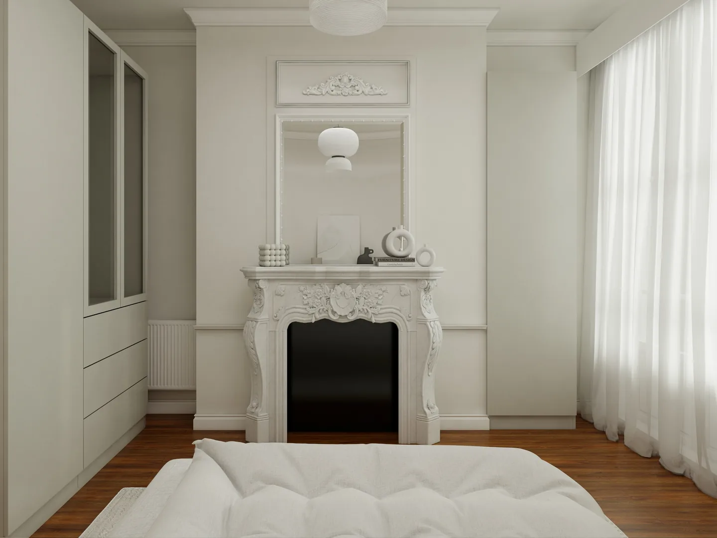 Rendu 3D d’une chambre : cheminée en marbre blanc sculpté surmontée d’un miroir, placards blancs, parquet.