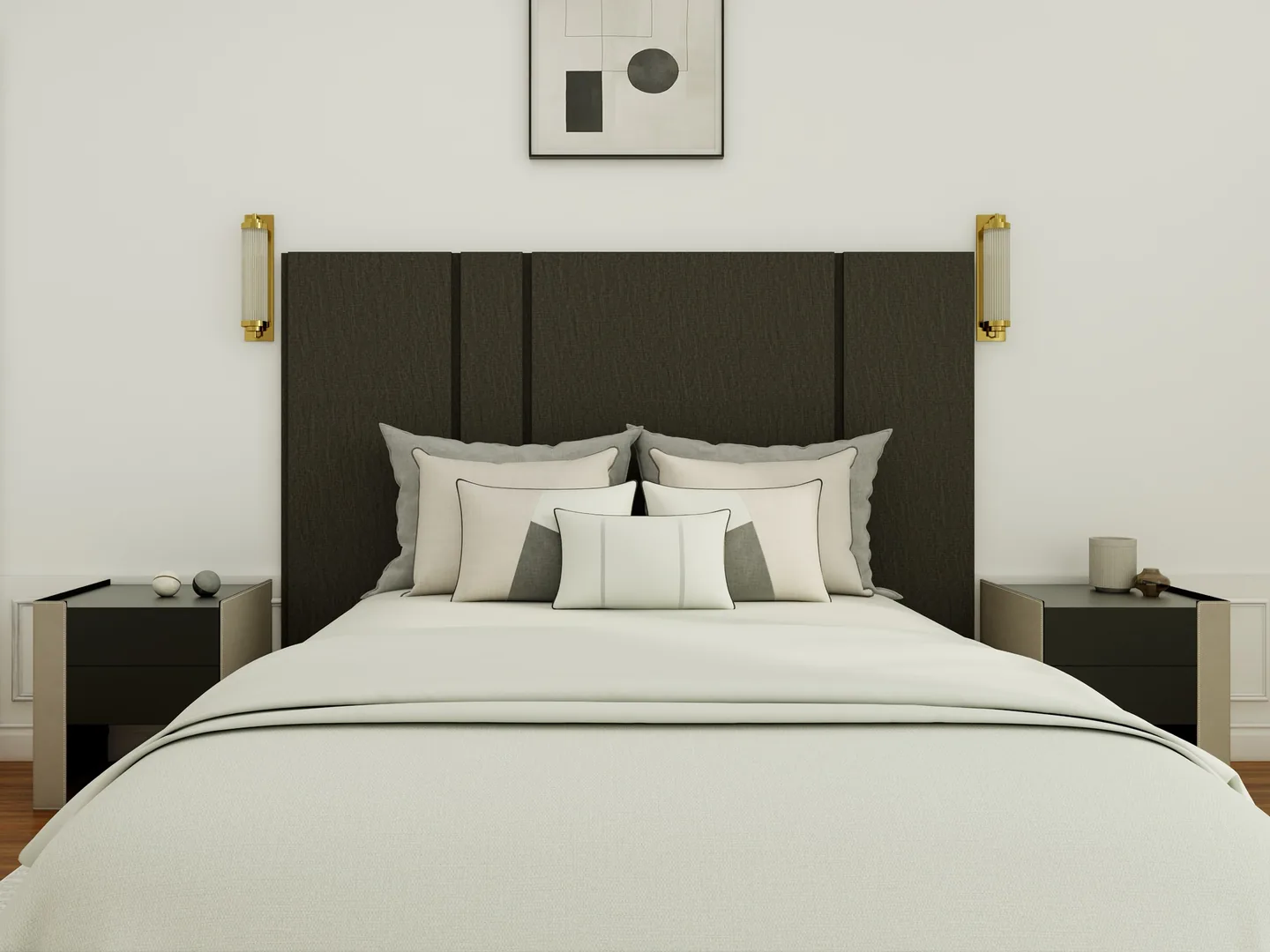 Rendu 3D d’une chambre : tête de lit à panneaux vert sombre, appliques dorées, linge blanc, tableau graphique.