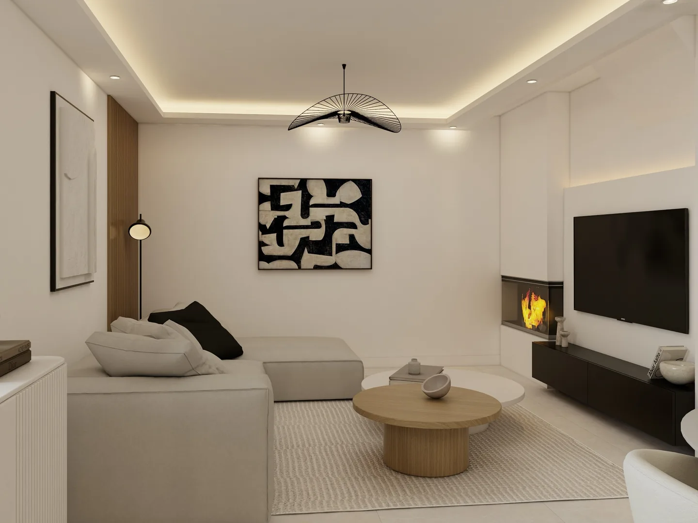 Rendu 3D d’un séjour : canapé d’angle beige, table basse ronde en bois, cheminée d’angle, tableau noir et beige, suspension filaire.