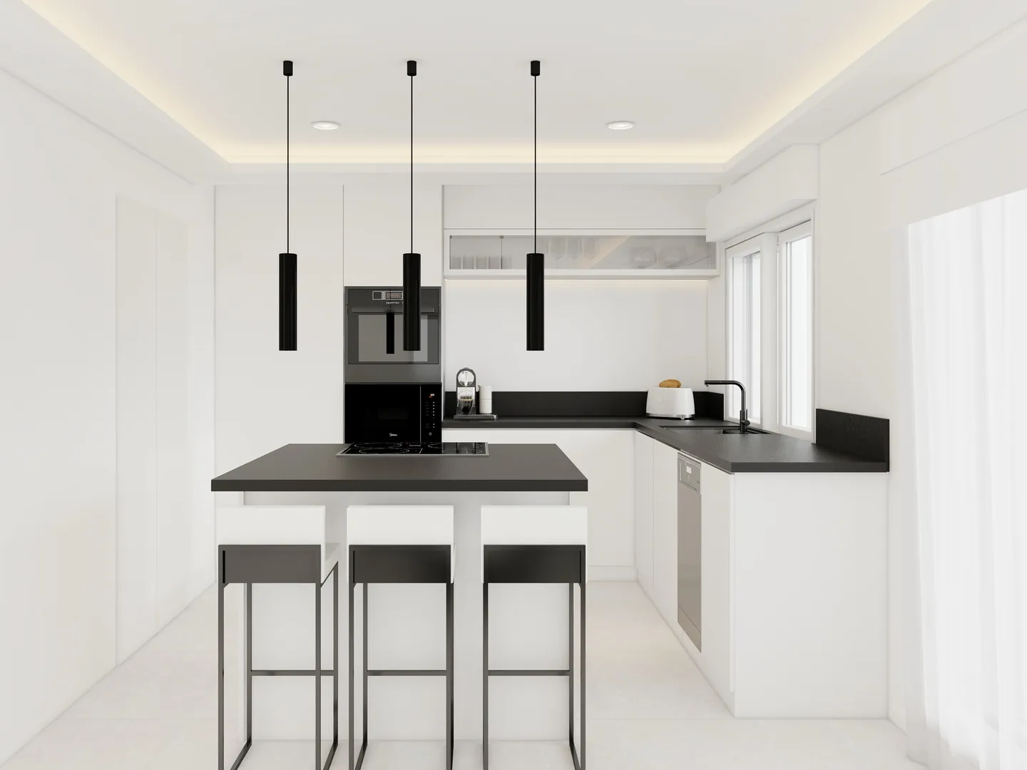 Rendu 3D d’une cuisine : îlot au plan noir, trois suspensions noires, tabourets noirs, façades blanches.