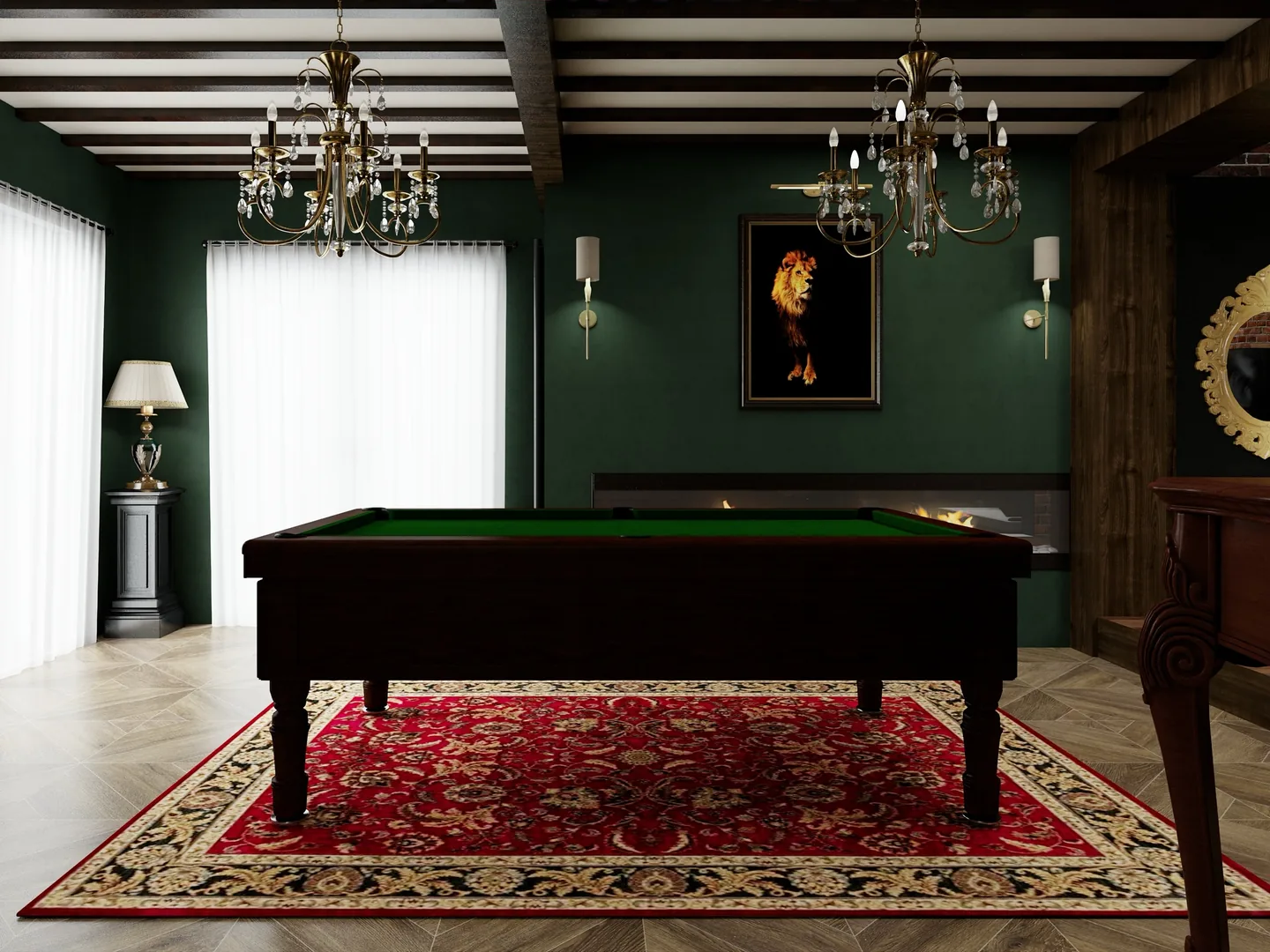 Rendu 3D d’une salle de billard : murs vert sombre, poutres apparentes, lustres à pampilles, tapis persan rouge, table de billard au tapis vert.