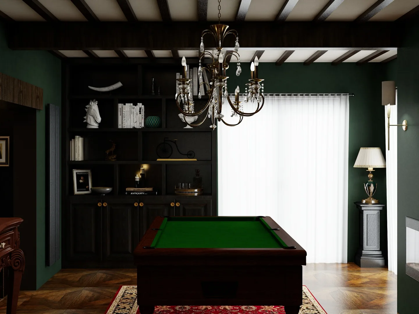 Rendu 3D d’une salle de billard : bibliothèque noire, lustre à pampilles, billard au tapis vert, lampes au pied doré.