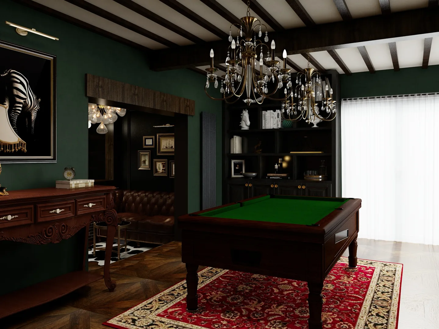 Rendu 3D d’une salle de billard : bureau ancien en bois, fauteuils en cuir capitonné, portrait encadré, lustres, tapis persan.