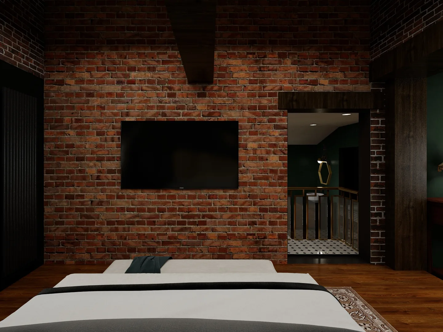 Rendu 3D d’une chambre : mur de briques rouges, télévision murale, lit au linge blanc, porte vers la salle de bains.
