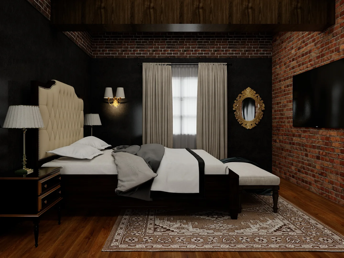 Rendu 3D d’une chambre : tête de lit capitonnée ivoire, mur de briques, miroir doré, tapis persan, parquet.