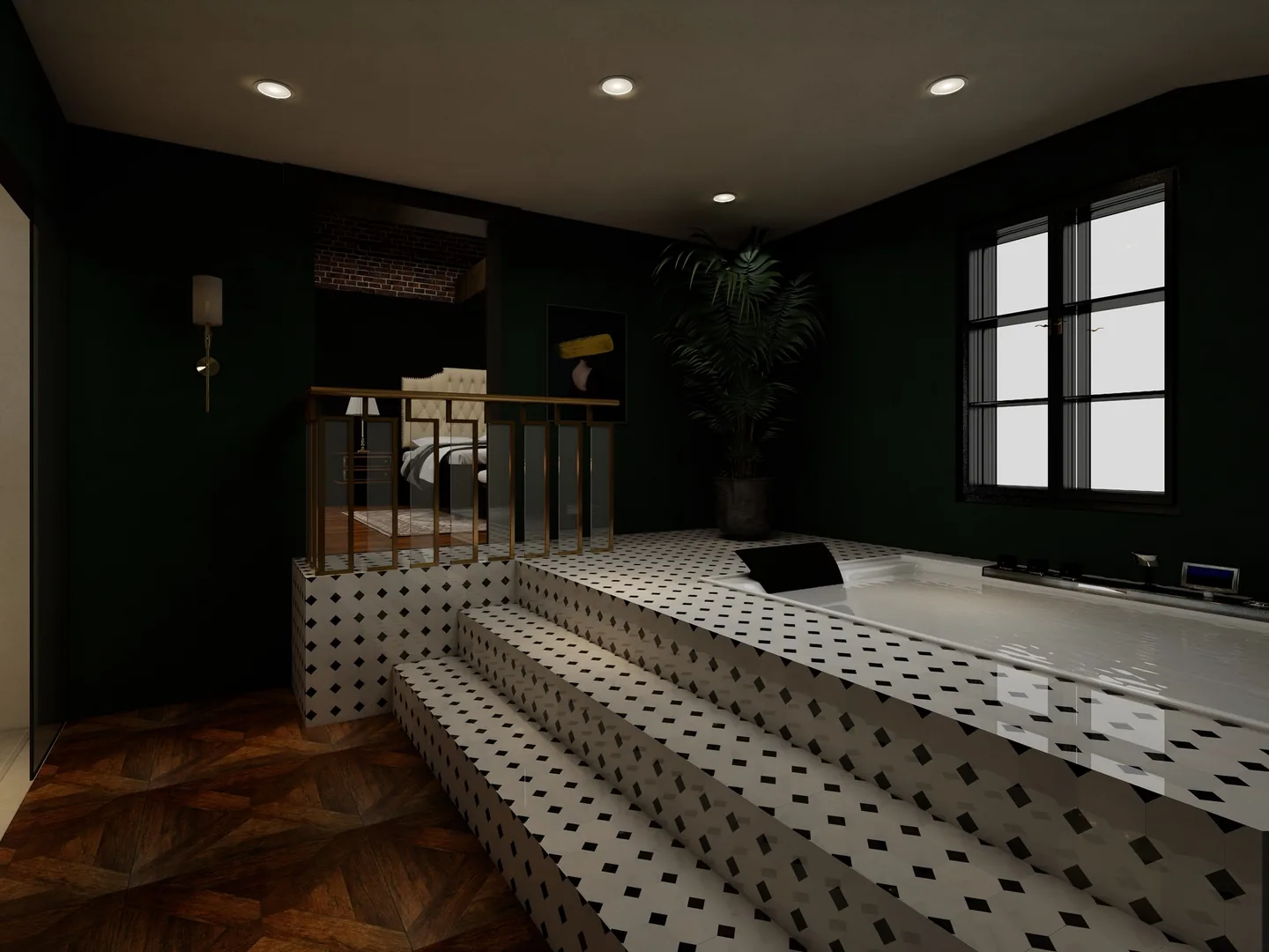 Rendu 3D d’un bain à remous sur une estrade carrelée noir et blanc, murs vert sombre, fenêtre à petits carreaux.