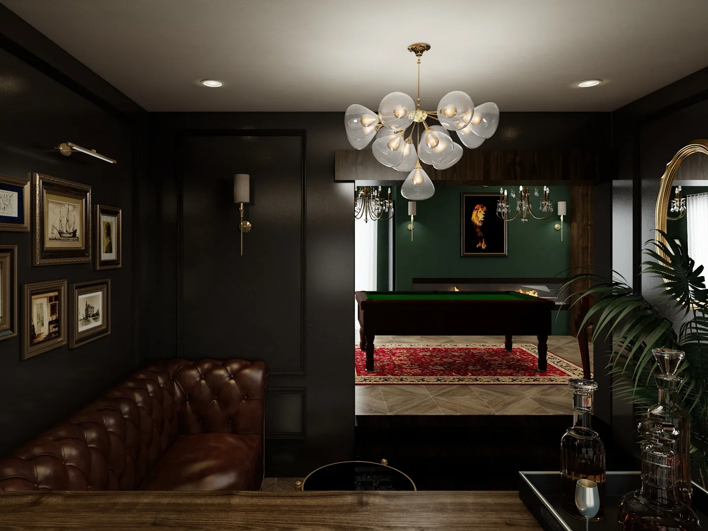 Rendu 3D d’un salon : canapé capitonné en cuir brun, lustre à bulles, billard au tapis vert en fond, murs sombres.