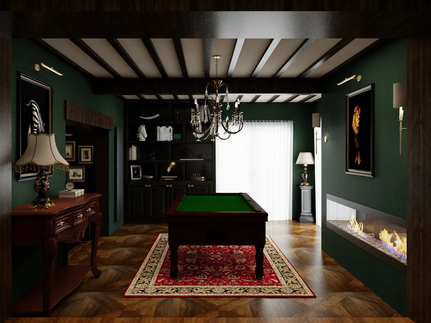 Rendu 3D d’une salle de billard : poutres apparentes, murs vert sombre, cheminée linéaire, lustre à pampilles, tapis persan rouge.