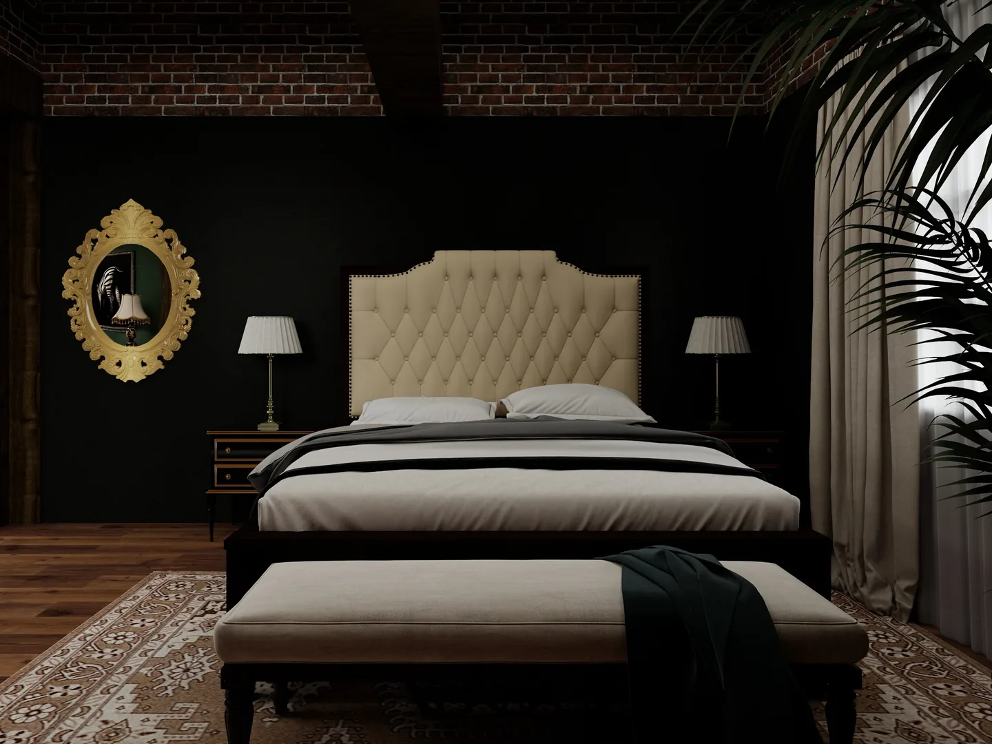 Rendu 3D d’une chambre : tête de lit capitonnée ivoire, banc en pied de lit, miroir au cadre doré, lampes de chevet, murs sombres.