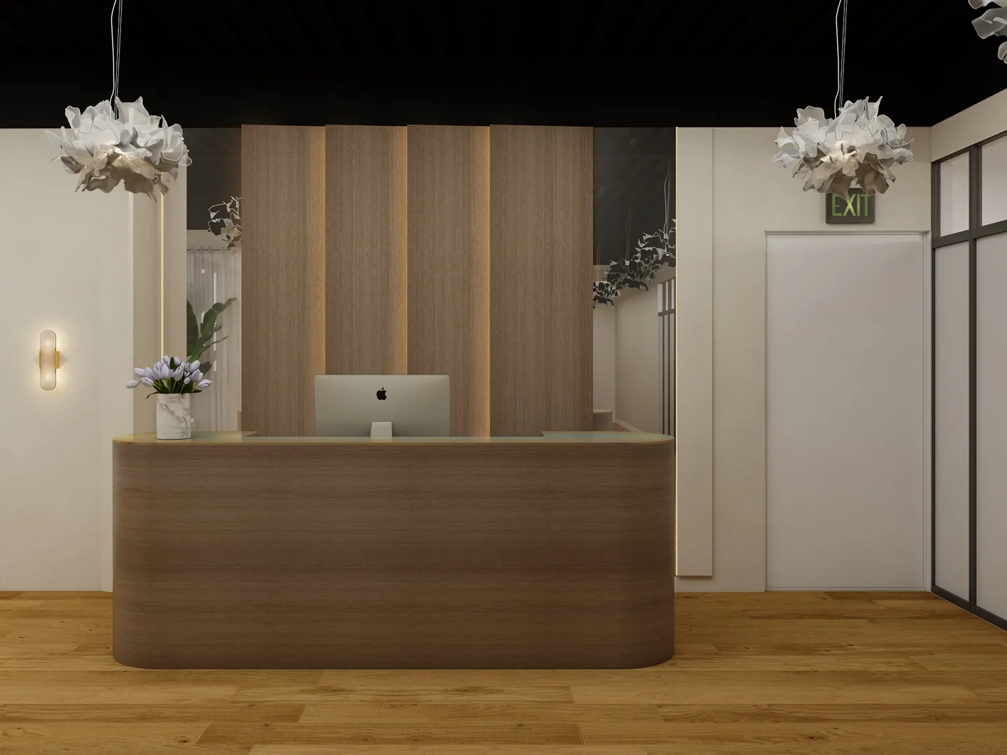 Rendu 3D d’un accueil : comptoir arrondi en bois clair, lames de bois au mur, suspensions florales, parquet.