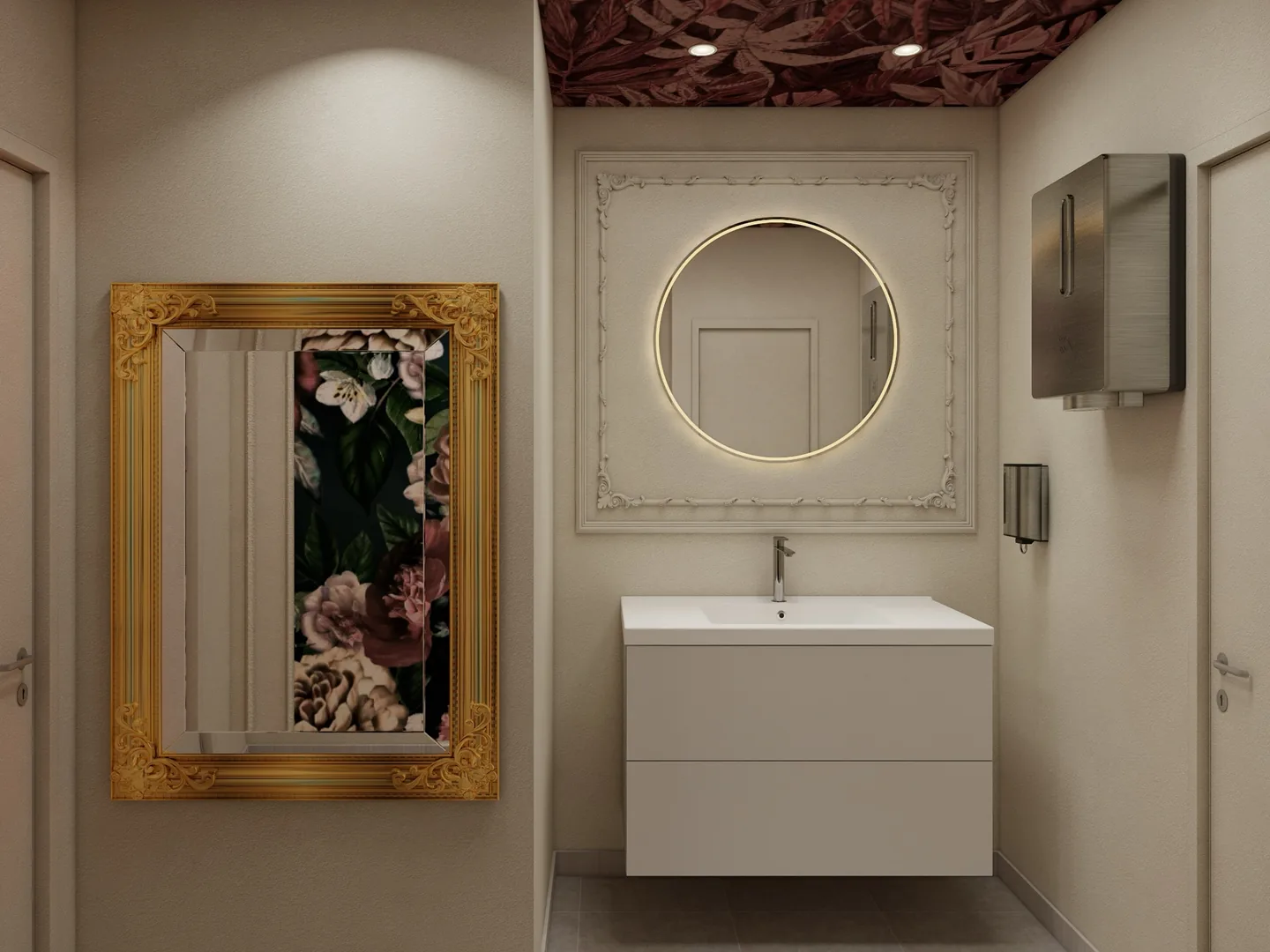 Rendu 3D d’un cabinet de toilette : miroir rond éclairé dans un cadre à moulures, tableau floral au cadre doré, plafond à motifs de fleurs.