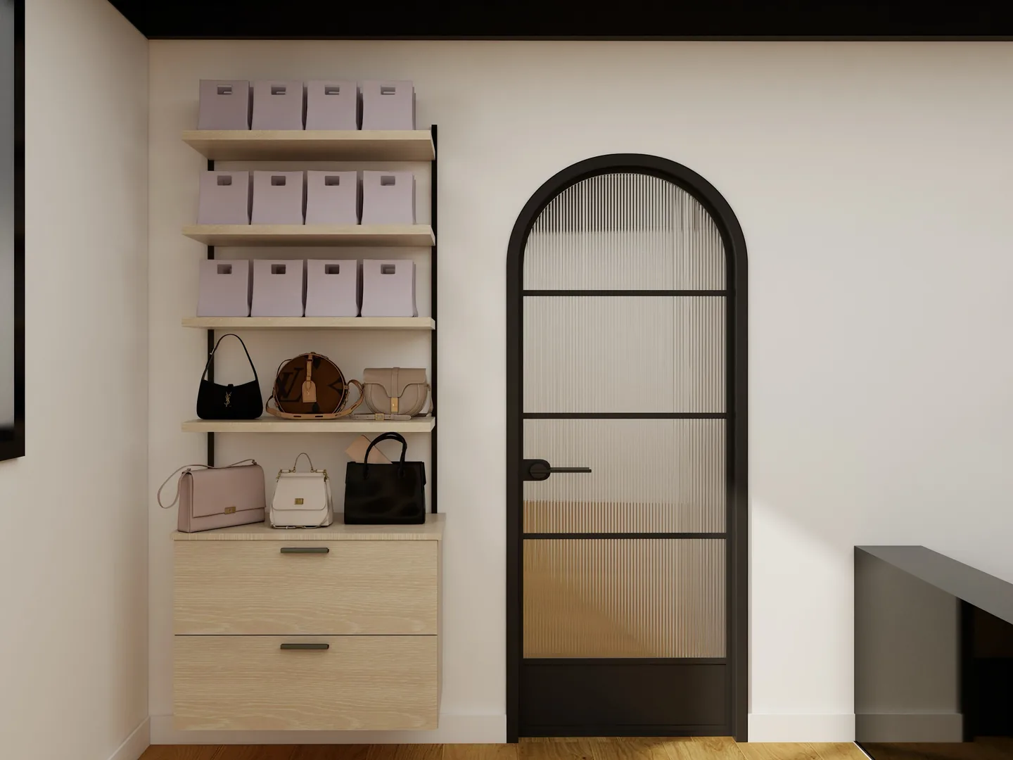 Rendu 3D d’un rangement : étagères de boîtes et de sacs à main, meuble à tiroirs en bois clair, porte en arche à cadre noir.