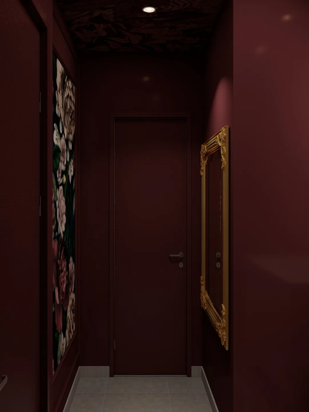 Rendu 3D d’un couloir aux murs bordeaux : miroir au cadre doré, tableau floral, porte sombre.