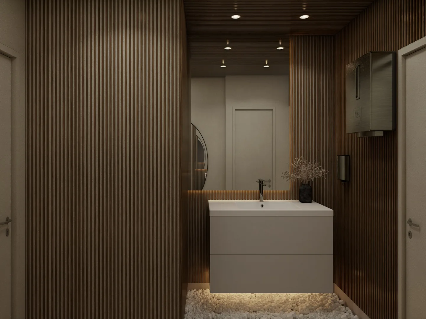 Rendu 3D d’un cabinet de toilette : murs en lames de bois, vasque blanche suspendue, éclairage au sol.