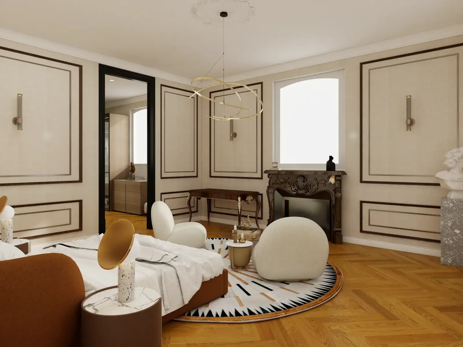 Rendu 3D d’une chambre : murs à moulures, parquet en chevrons, lit au linge blanc, fauteuils bouclette.