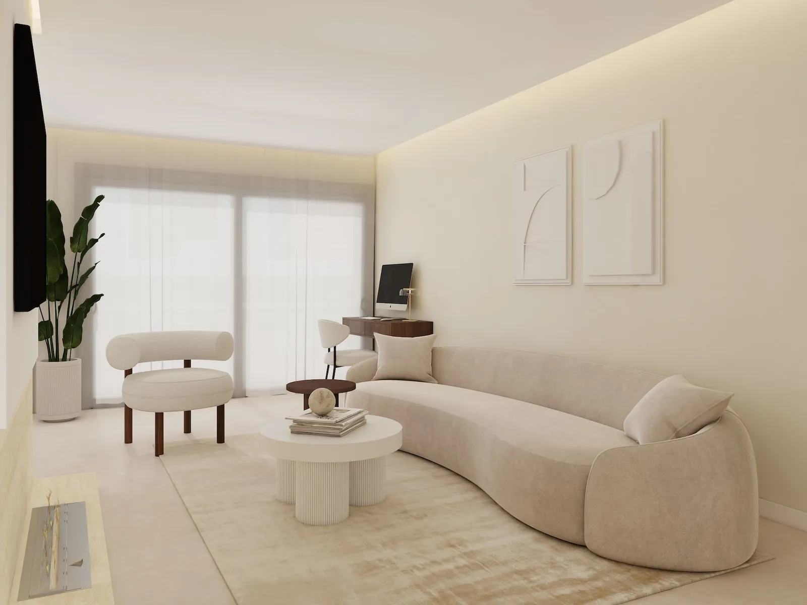 Rendu 3D d’un séjour : canapé courbe beige, fauteuil blanc aux pieds de bois sombre, table basse blanche cannelée, deux tableaux en relief blanc, éclairage indirect au plafond.