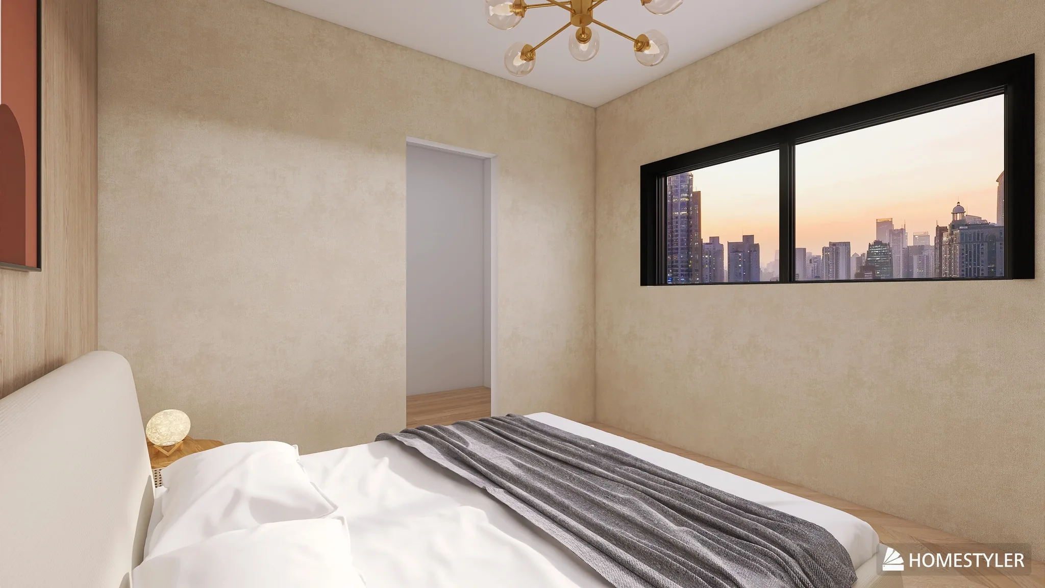 Rendu 3D d’une chambre : lit blanc au plaid gris, fenêtre en bandeau sur la ville au coucher du soleil, murs en enduit beige.