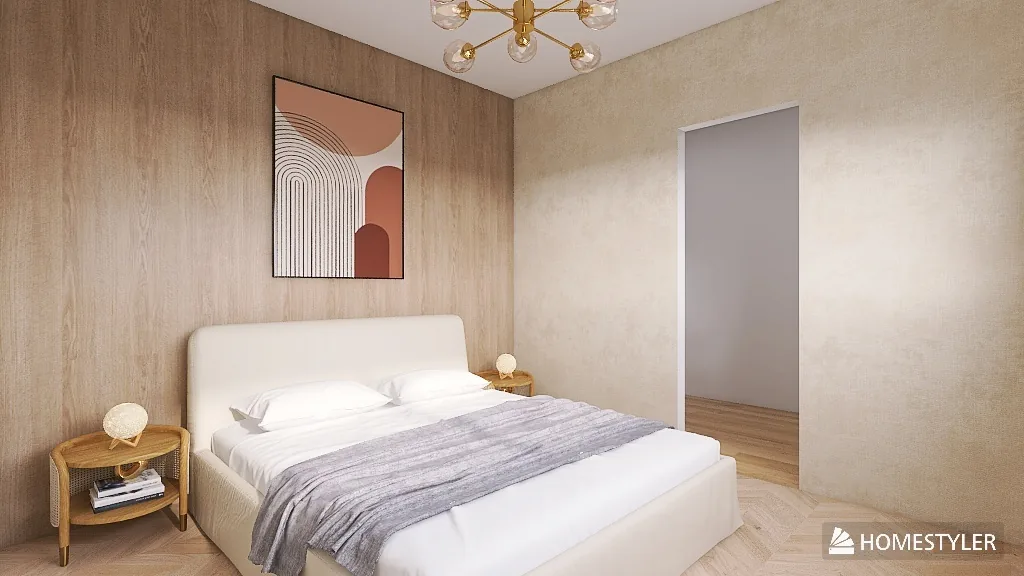 Rendu 3D d’une chambre : lit blanc capitonné, chevets en bois clair, tableau aux arches, lustre doré.