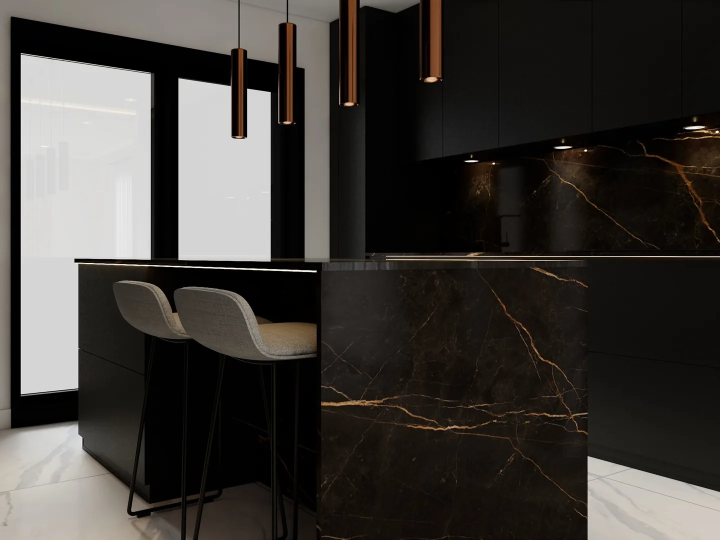 Rendu 3D d’une cuisine : îlot en marbre noir veiné d’or, tabourets clairs, suspensions cuivrées, façades noires.