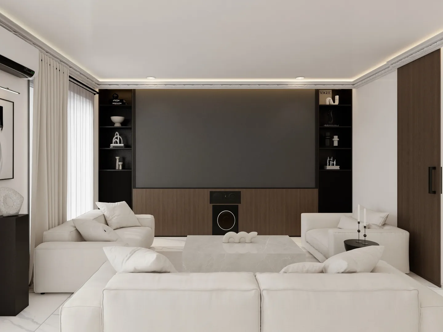 Rendu 3D d’un séjour : canapés blancs, grand écran encastré dans un mur noir, niches éclairées, plafond lumineux.