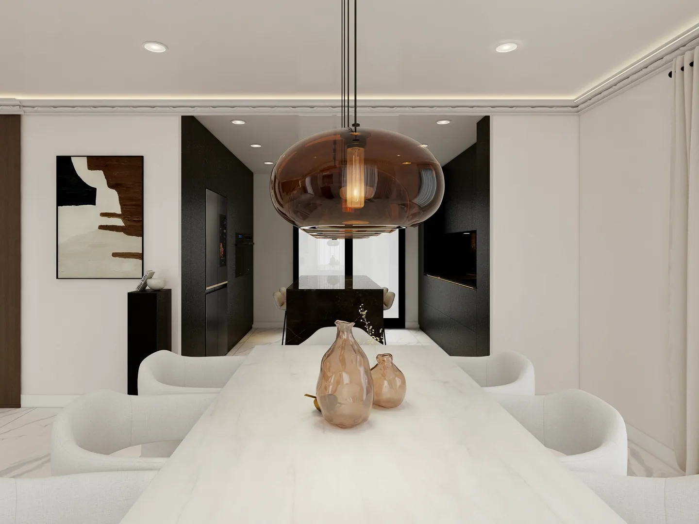 Rendu 3D d’une salle à manger : suspension en verre cuivré au-dessus d’une table en marbre blanc, vases ambrés, tableau abstrait.