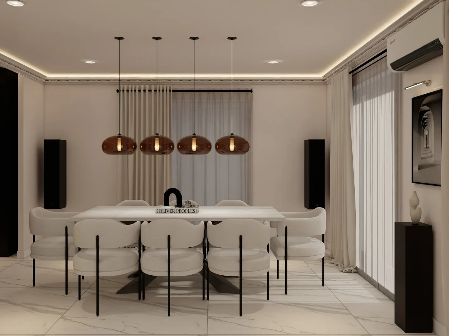 Rendu 3D d’une salle à manger : table blanche, chaises blanches enveloppantes, cinq suspensions en verre cuivré, voilages.