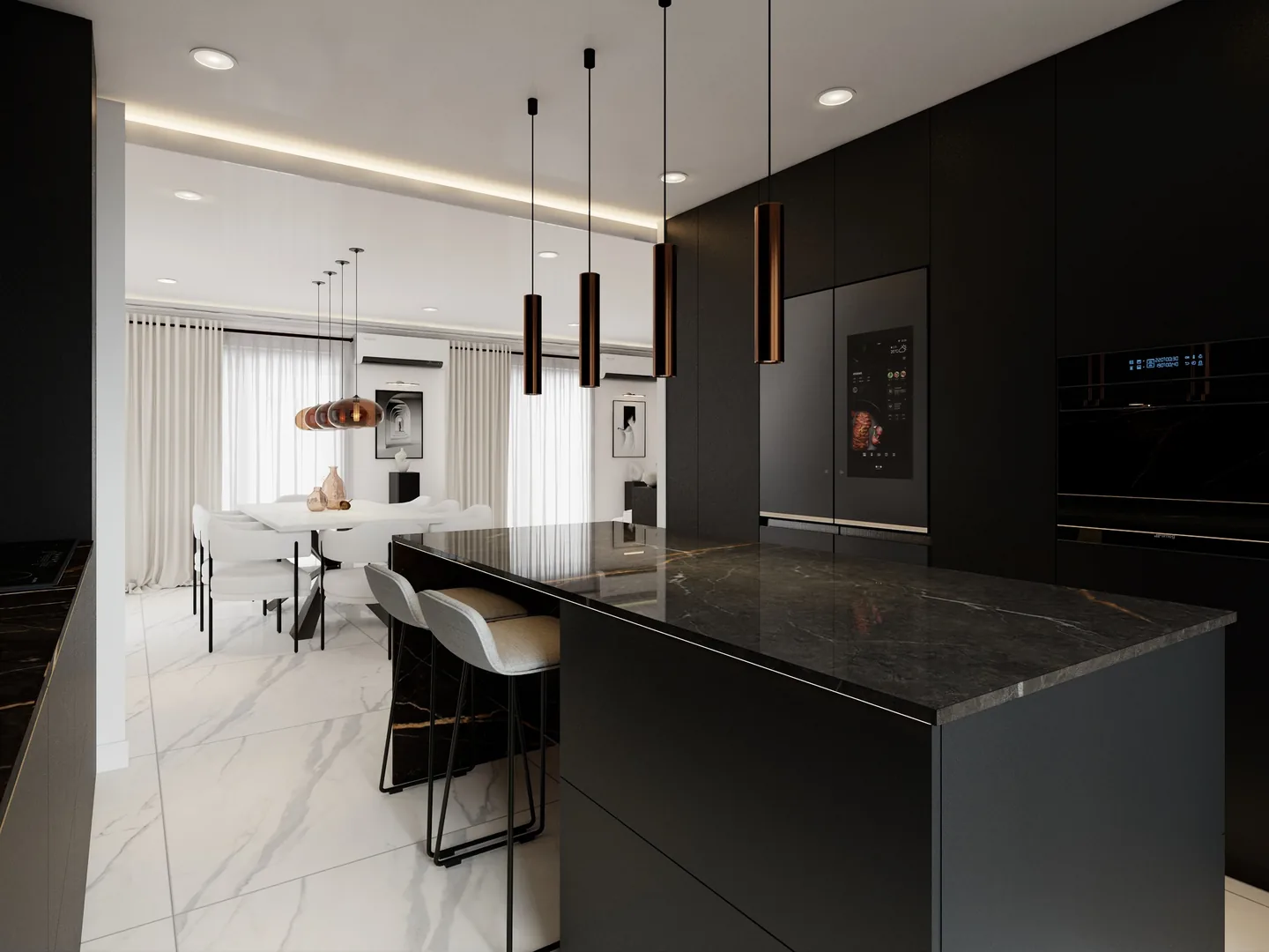 Rendu 3D d’une cuisine ouverte : îlot en marbre noir veiné d’or, tabourets, colonnes noires, salle à manger en fond.