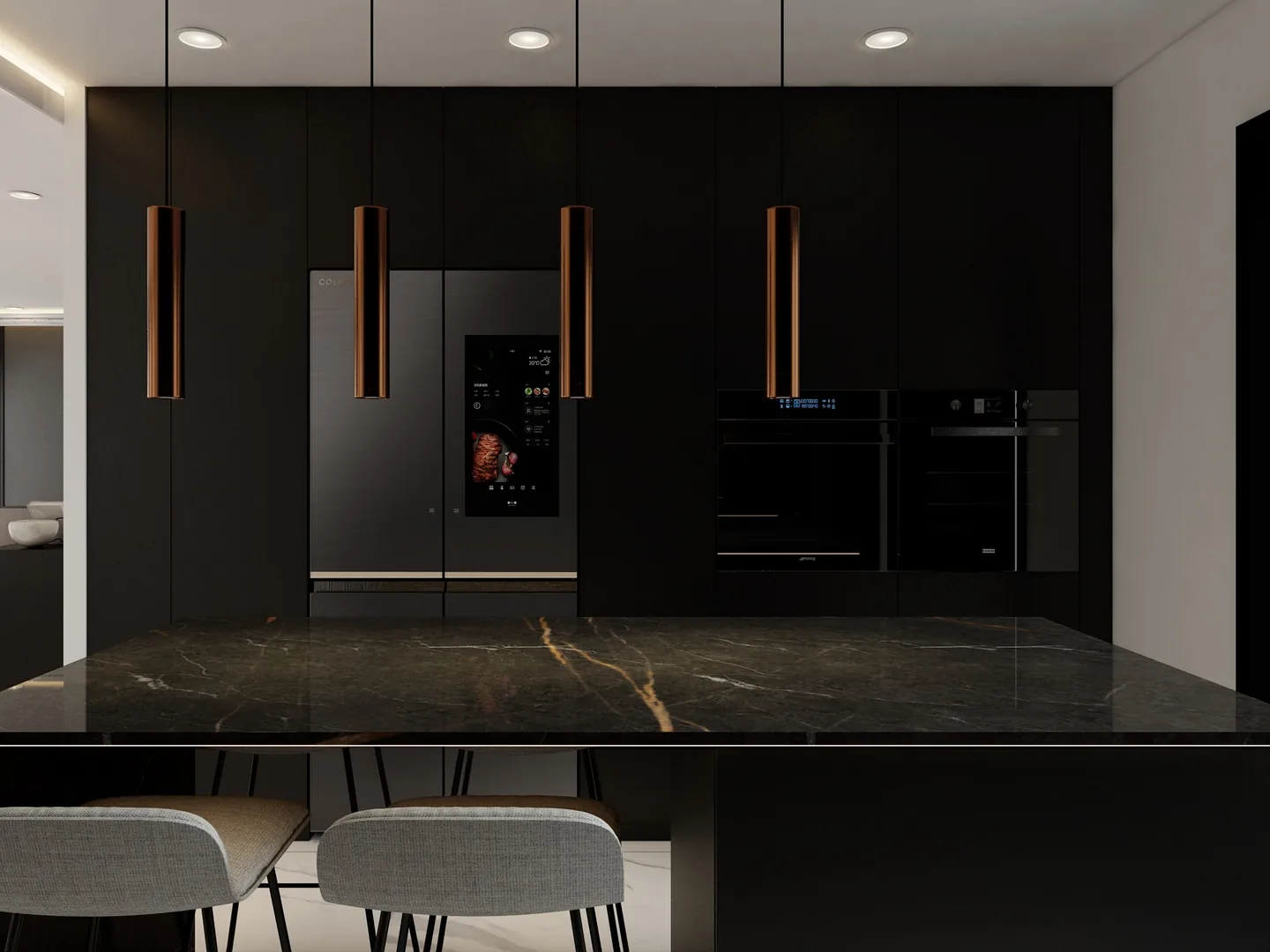 Rendu 3D d’une cuisine noire : îlot en marbre noir veiné d’or, suspensions cuivrées, réfrigérateur américain, fours encastrés.
