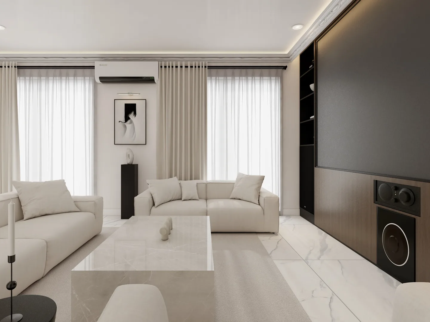 Rendu 3D d’un séjour : canapés blancs, table basse en marbre, grand écran dans un mur noir, voilages.