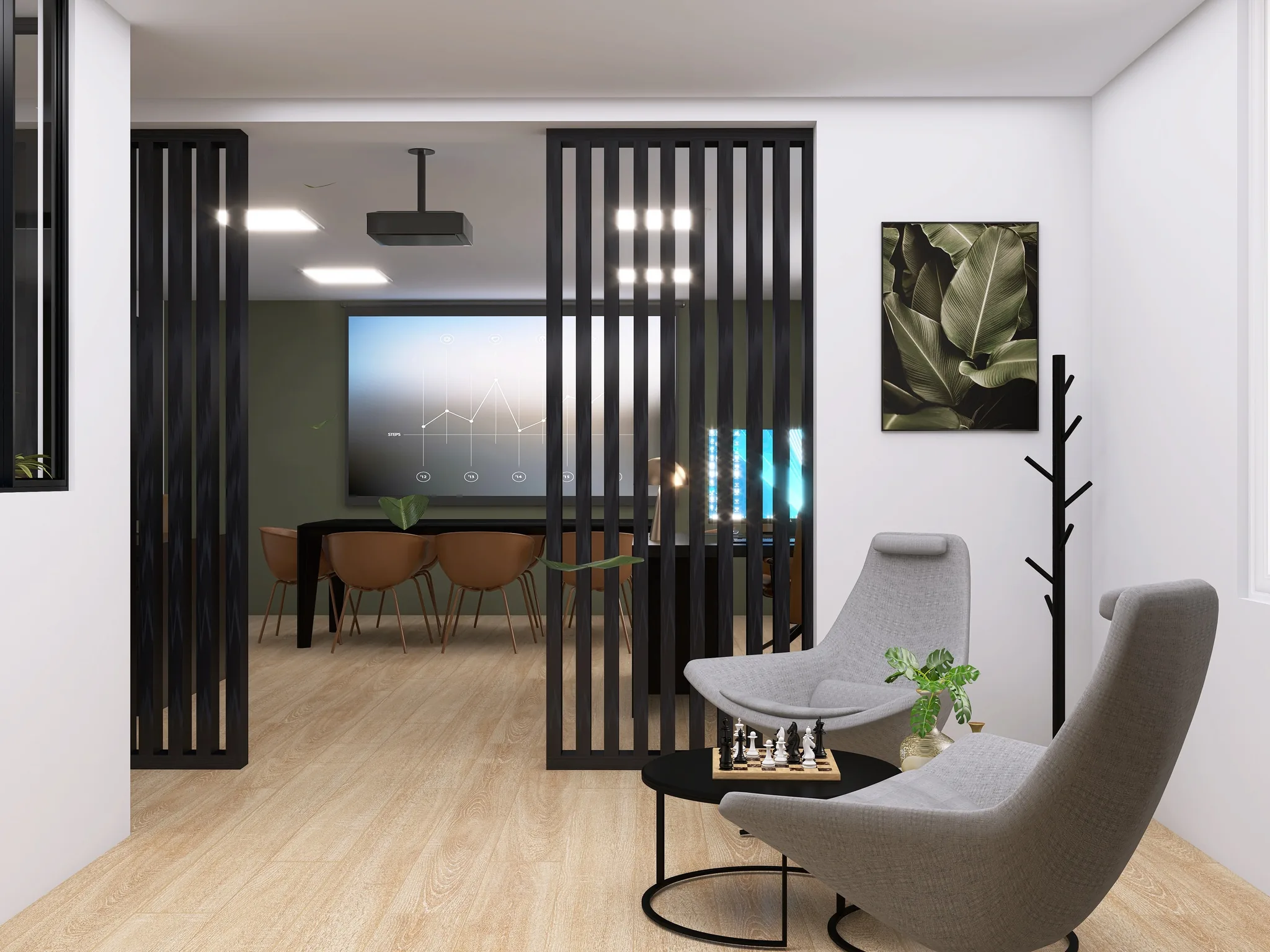 Rendu 3D d’un bureau : claustra à lames noires, fauteuils gris, échiquier sur une table basse, salle de réunion en fond.