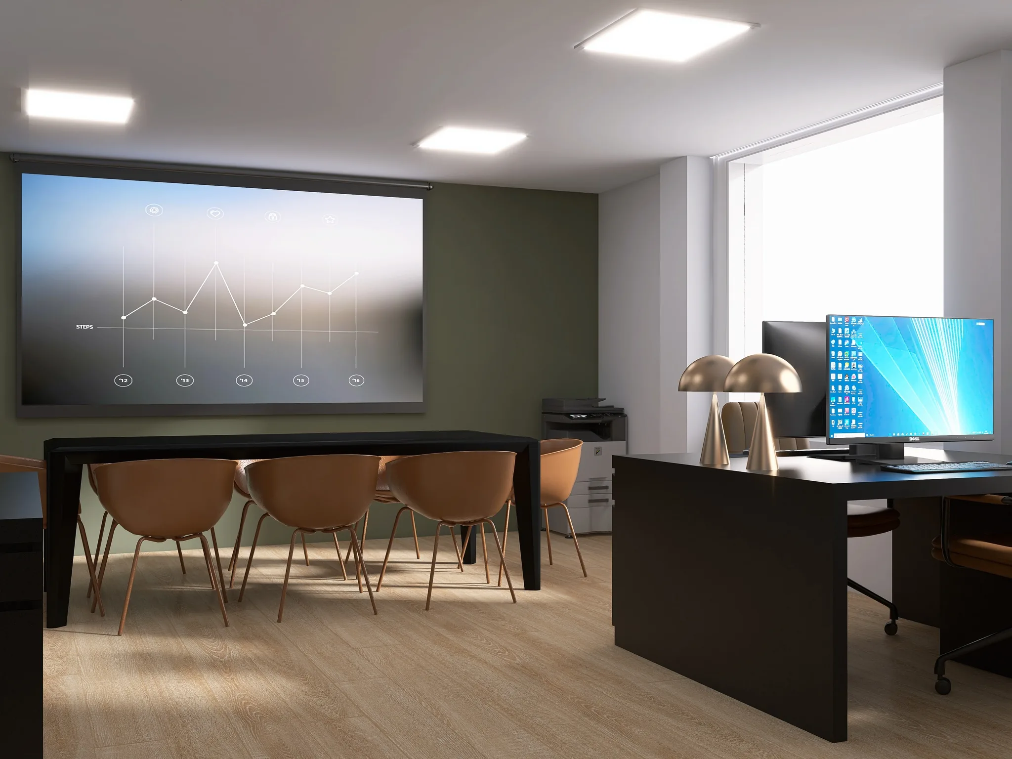 Rendu 3D d’une salle de réunion : grand écran, table noire et chaises couleur cognac, mur vert, bureau noir.