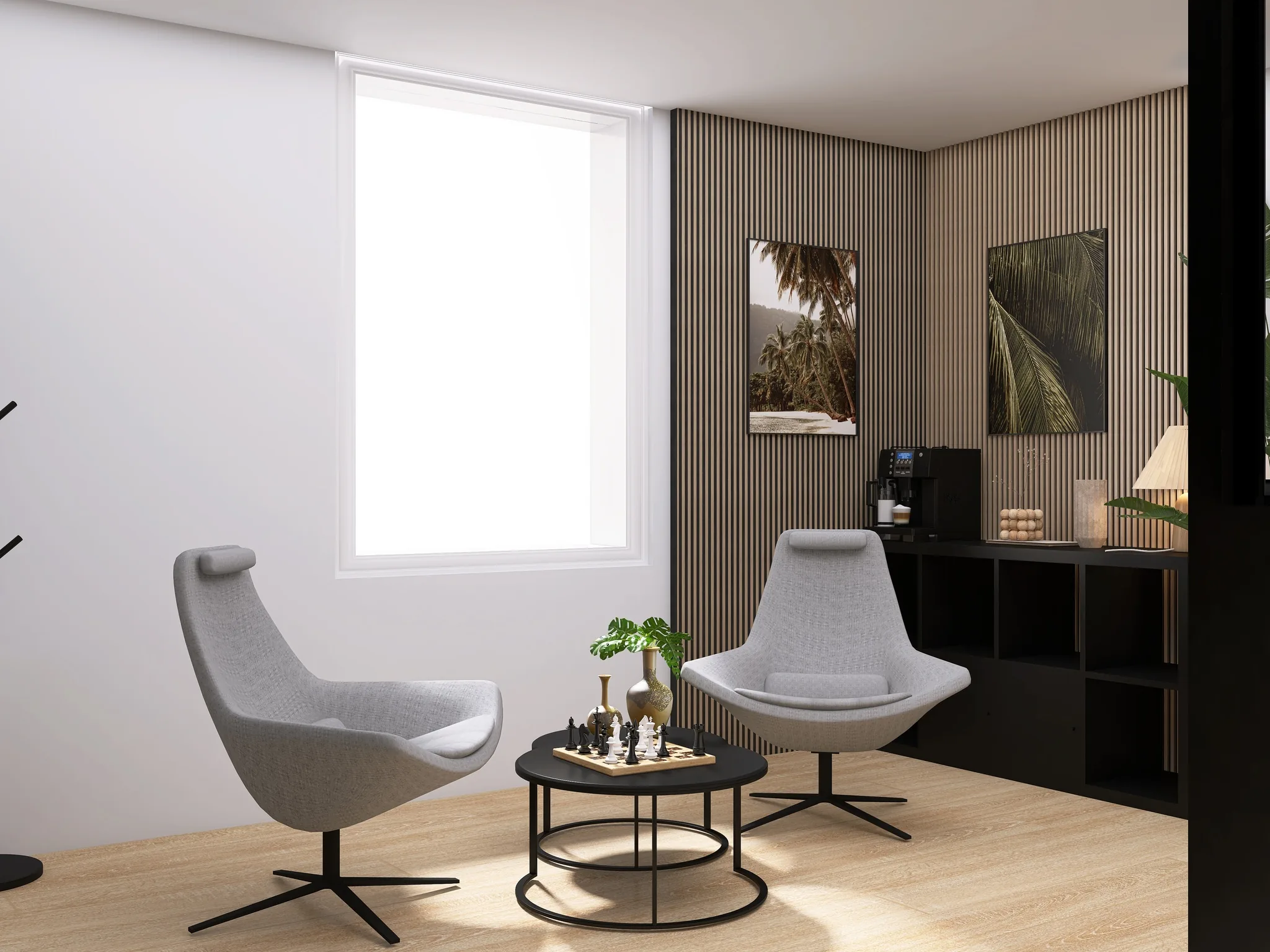 Rendu 3D d’un coin attente : deux fauteuils gris, table basse noire et échiquier, lambris de bois, plante.