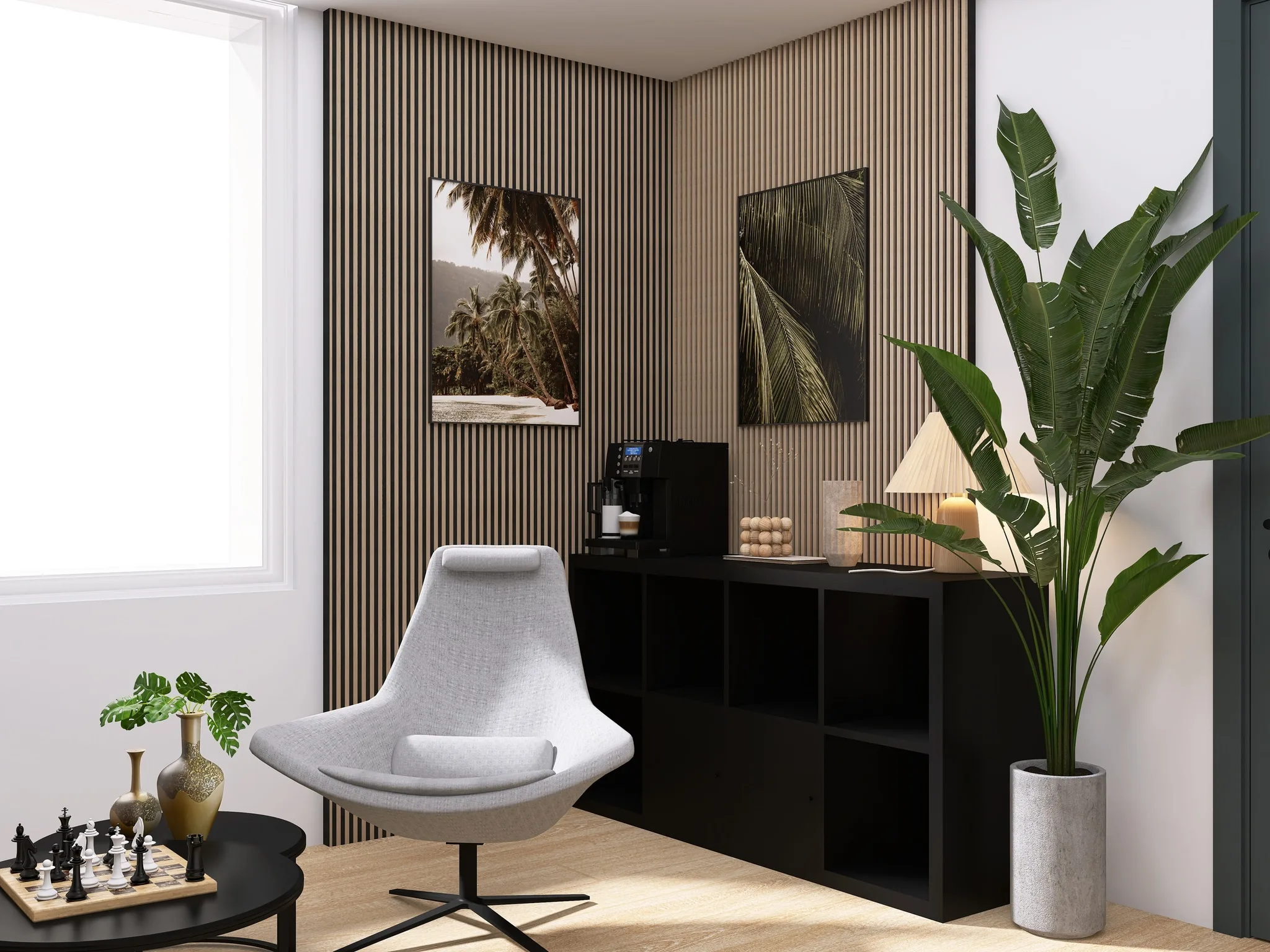 Rendu 3D d’un coin attente : fauteuil gris, meuble noir à casiers, machine à café, lambris de bois, grande plante.