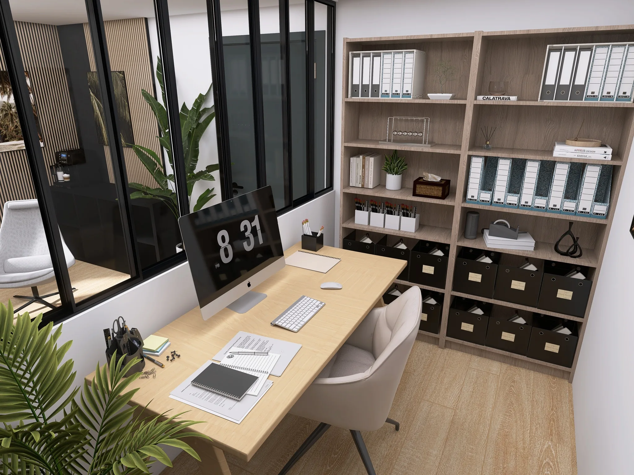 Rendu 3D d’un bureau : table en bois clair, ordinateur, bibliothèque à classeurs, verrière noire.