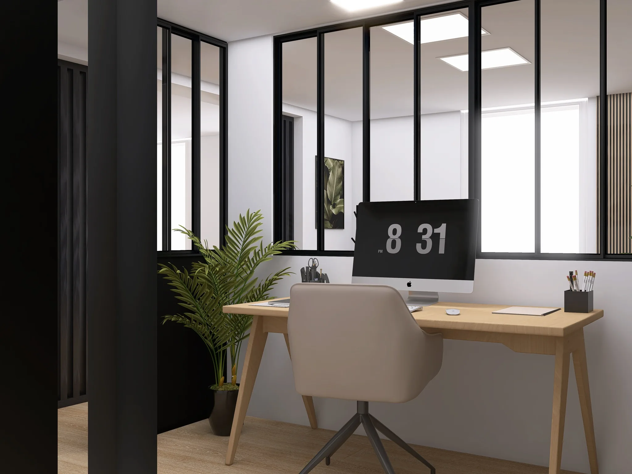 Rendu 3D d’un bureau derrière une verrière noire : table en bois clair, fauteuil beige, plante verte.