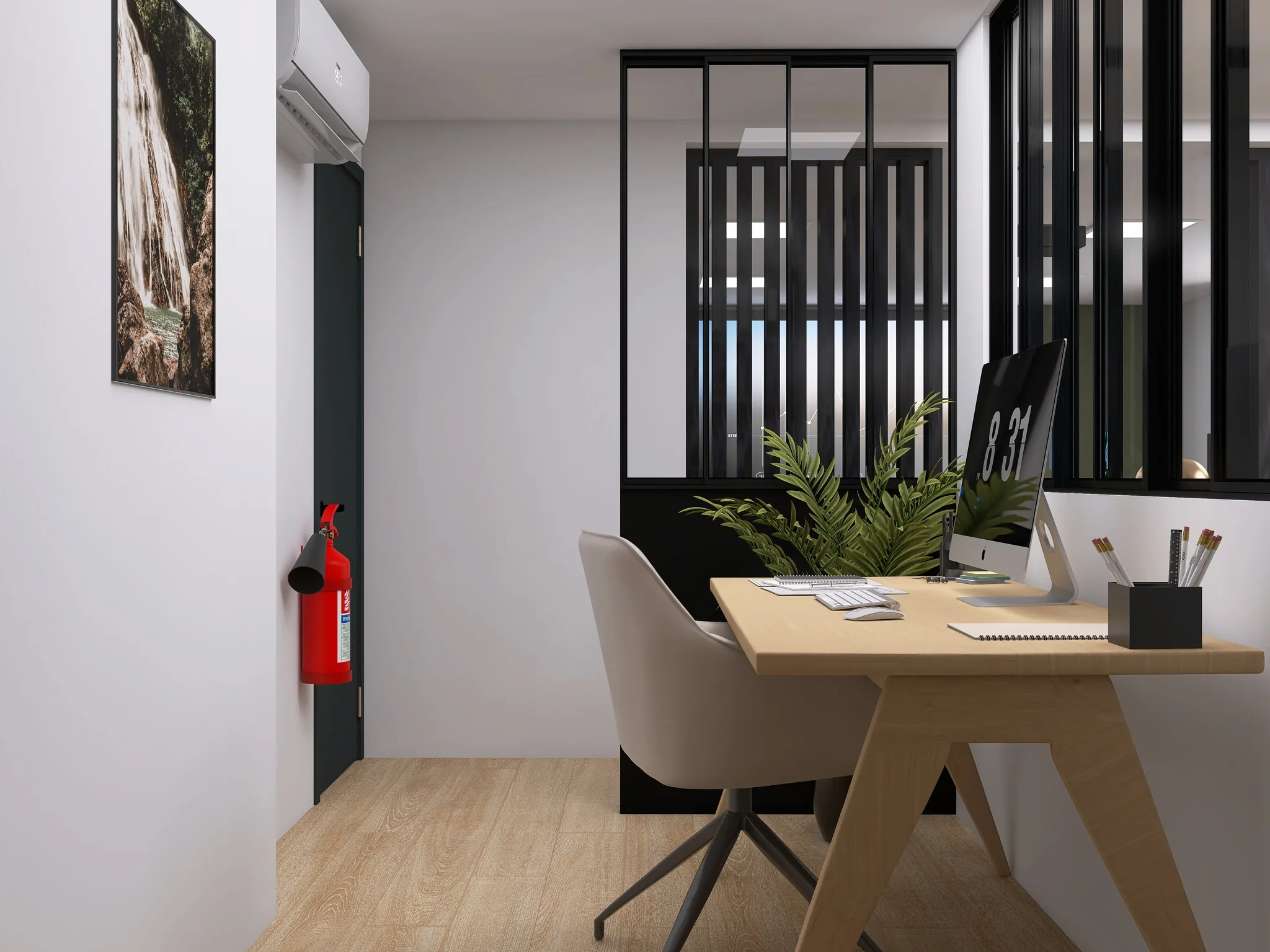 Rendu 3D d’un bureau : table en bois clair, fauteuil beige, verrière noire, extincteur, tableau de feuillage.