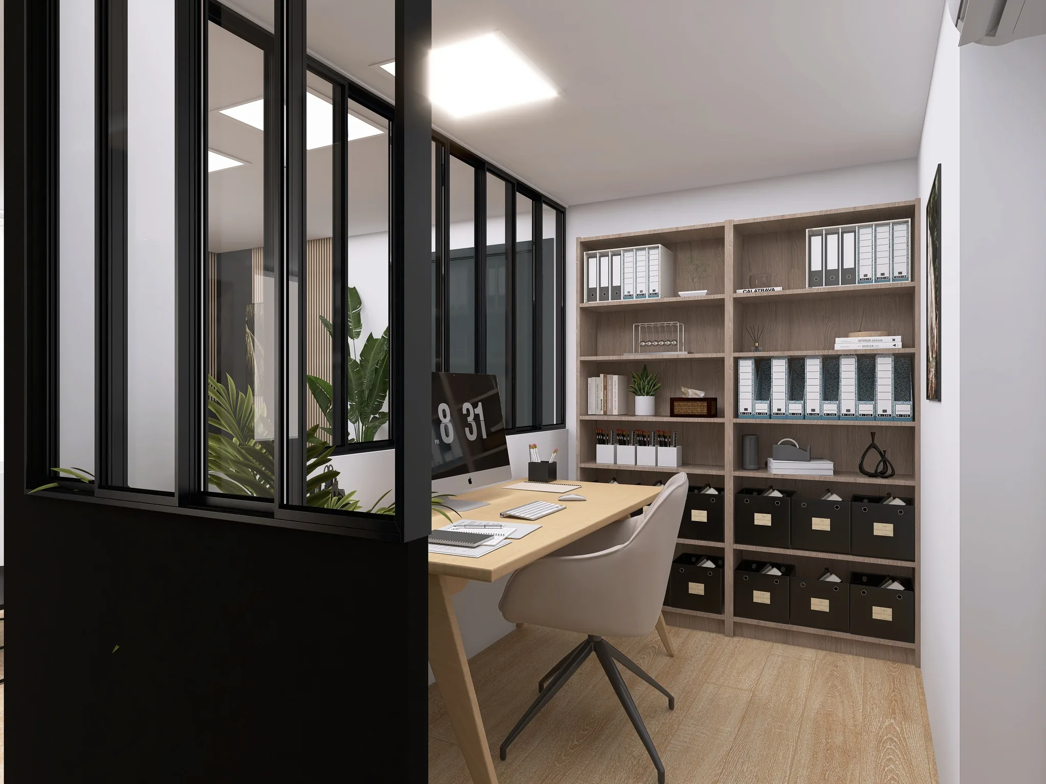 Rendu 3D d’un bureau vitré : verrière noire, bibliothèque à classeurs, table en bois clair.