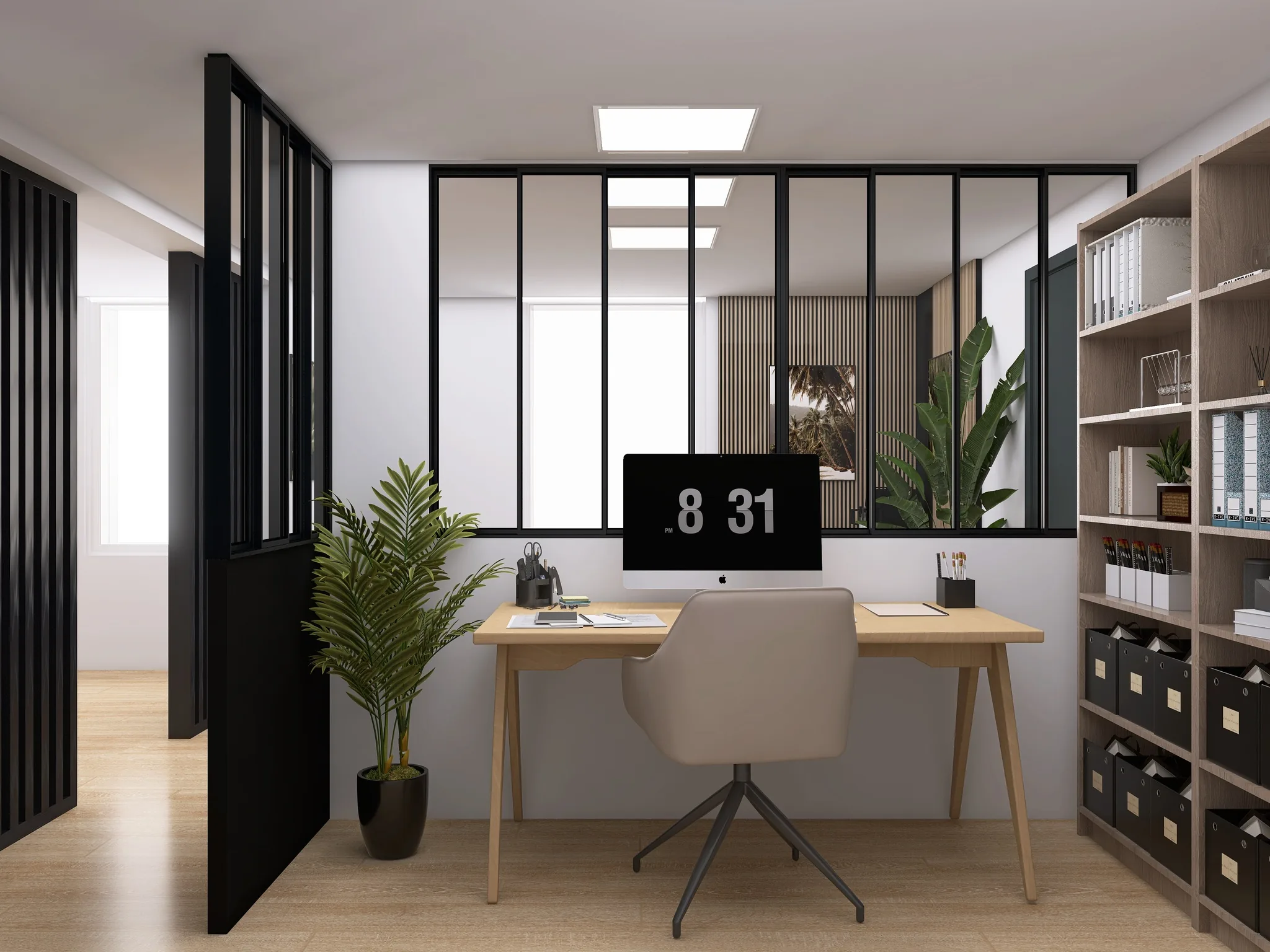 Rendu 3D d’un bureau : table en bois clair face à une verrière noire, bibliothèque, palmier en pot.