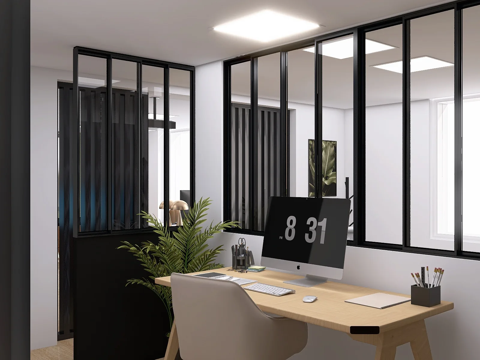 Rendu 3D d’un bureau : verrière et claustra noirs, table en bois clair, plafonniers carrés.