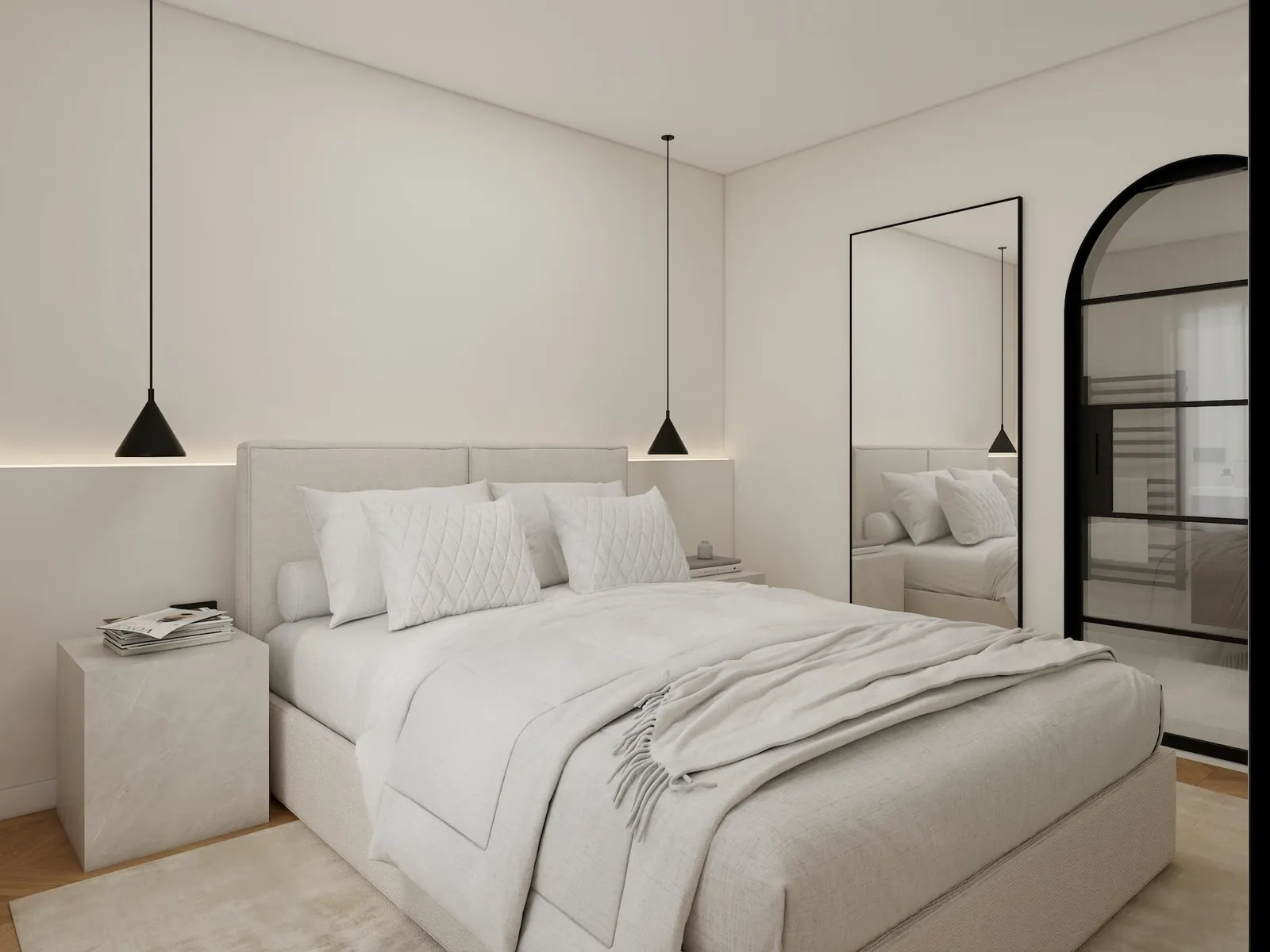 Rendu 3D d’une chambre : lit au linge blanc cassé, deux suspensions noires coniques, chevet cube en pierre claire, miroir à cadre noir, porte vitrée noire en arche.