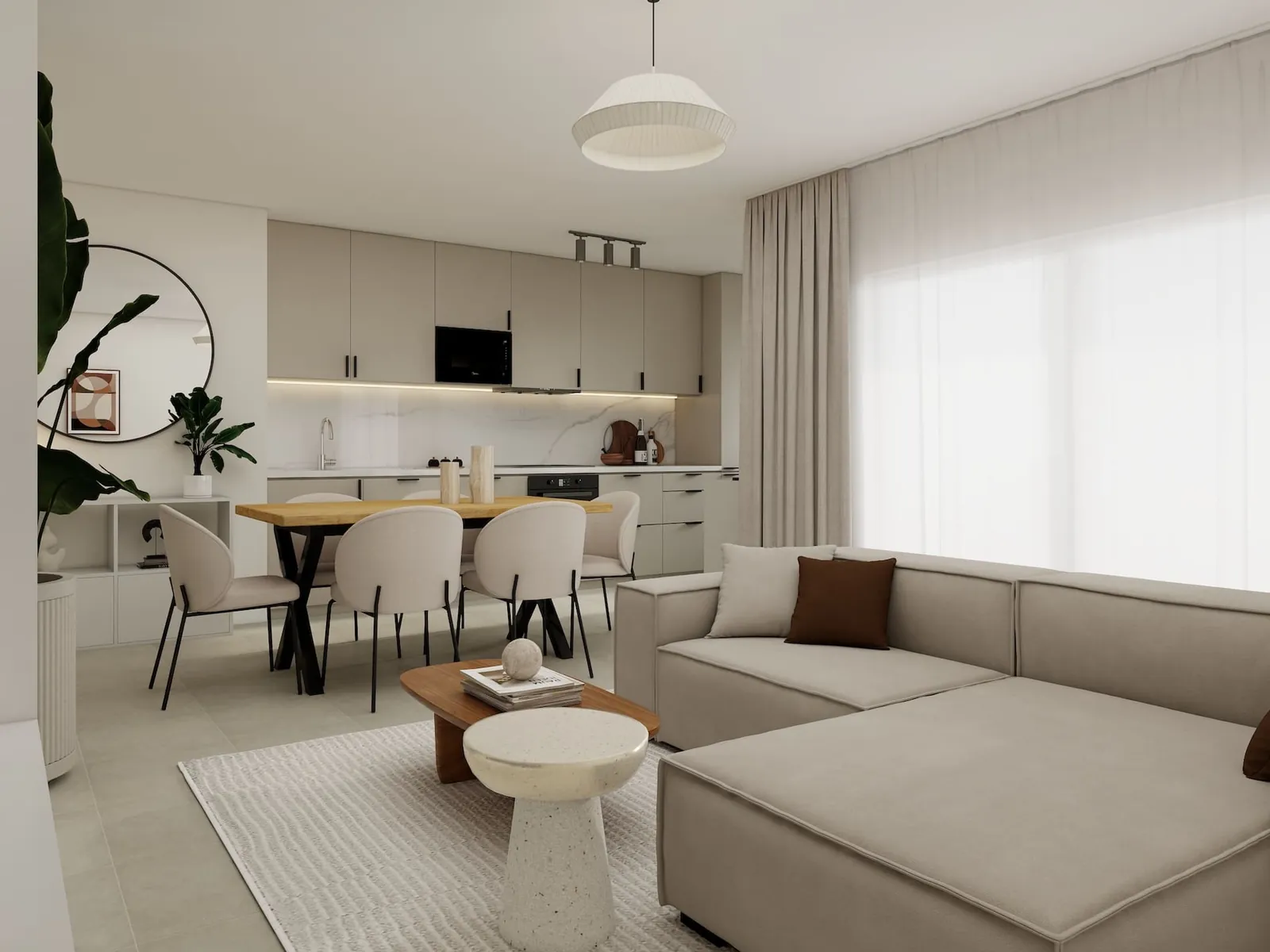 Rendu 3D d’un séjour : canapé d’angle beige, table en bois à piètement noir, cuisine grège à crédence marbrée.