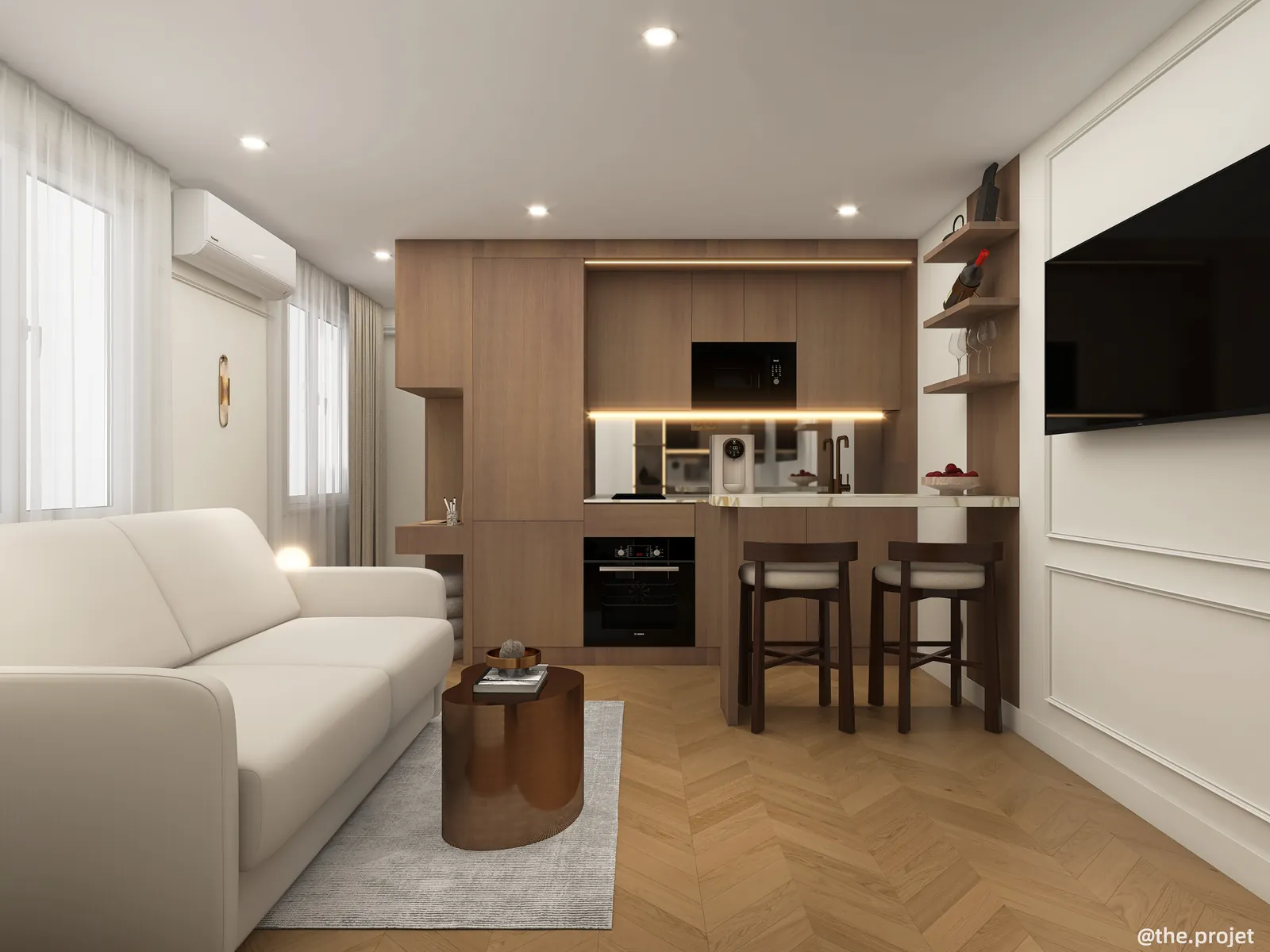 Rendu 3D d’un séjour avec cuisine ouverte : canapé crème, table basse cuivrée, cuisine en bois à bandeaux lumineux, bar au plateau marbré et deux tabourets, parquet en chevrons.