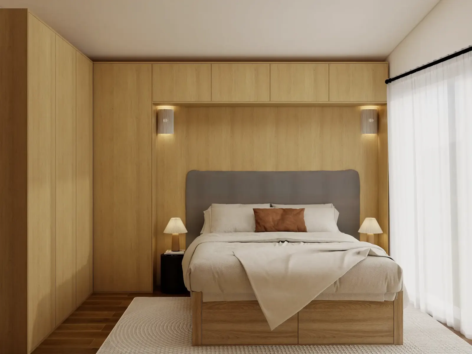 Rendu 3D d’une chambre : lit encadré de rangements en bois clair, tête de lit grise, appliques murales.