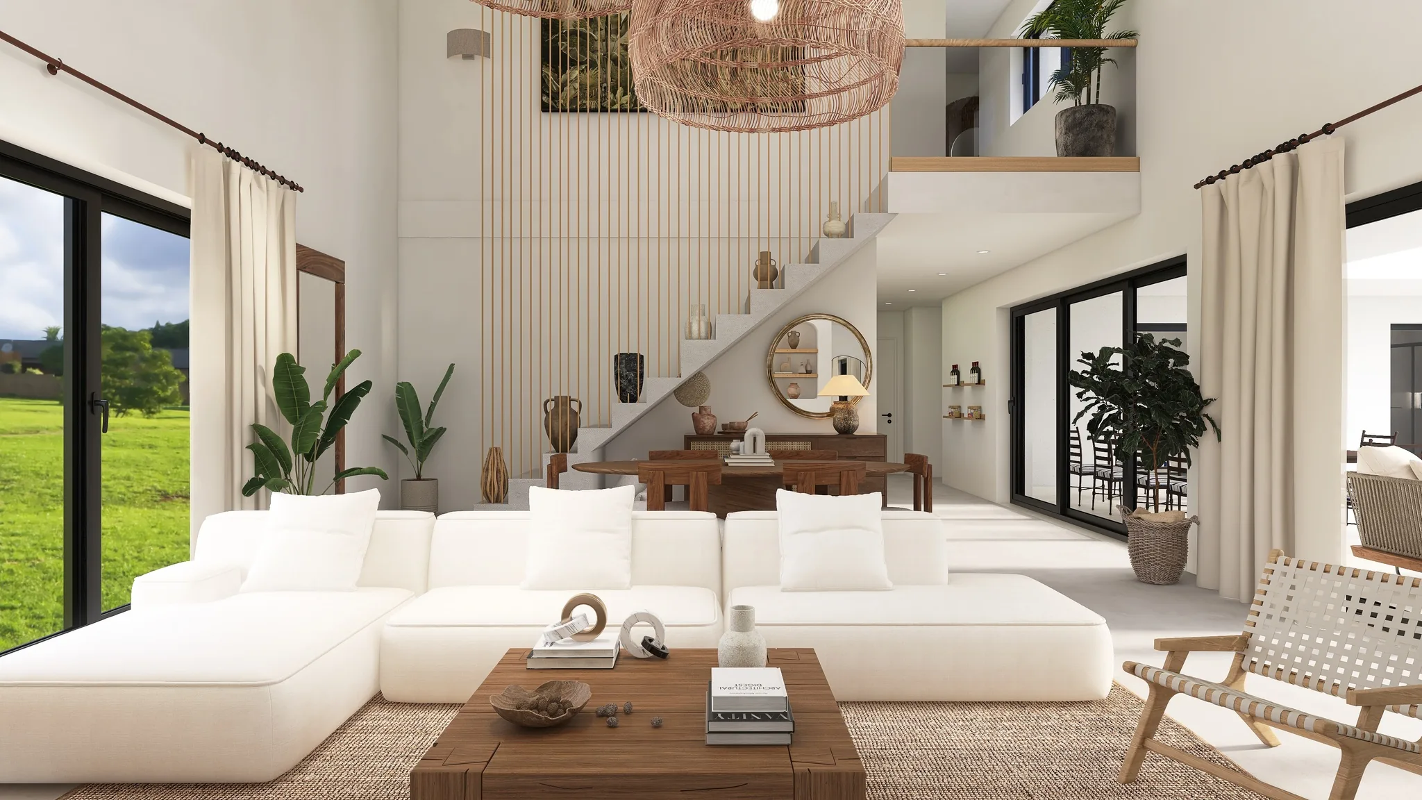 Rendu 3D d’un séjour en double hauteur : canapé blanc modulable, table basse en bois, escalier blanc, grandes baies sur la pelouse.