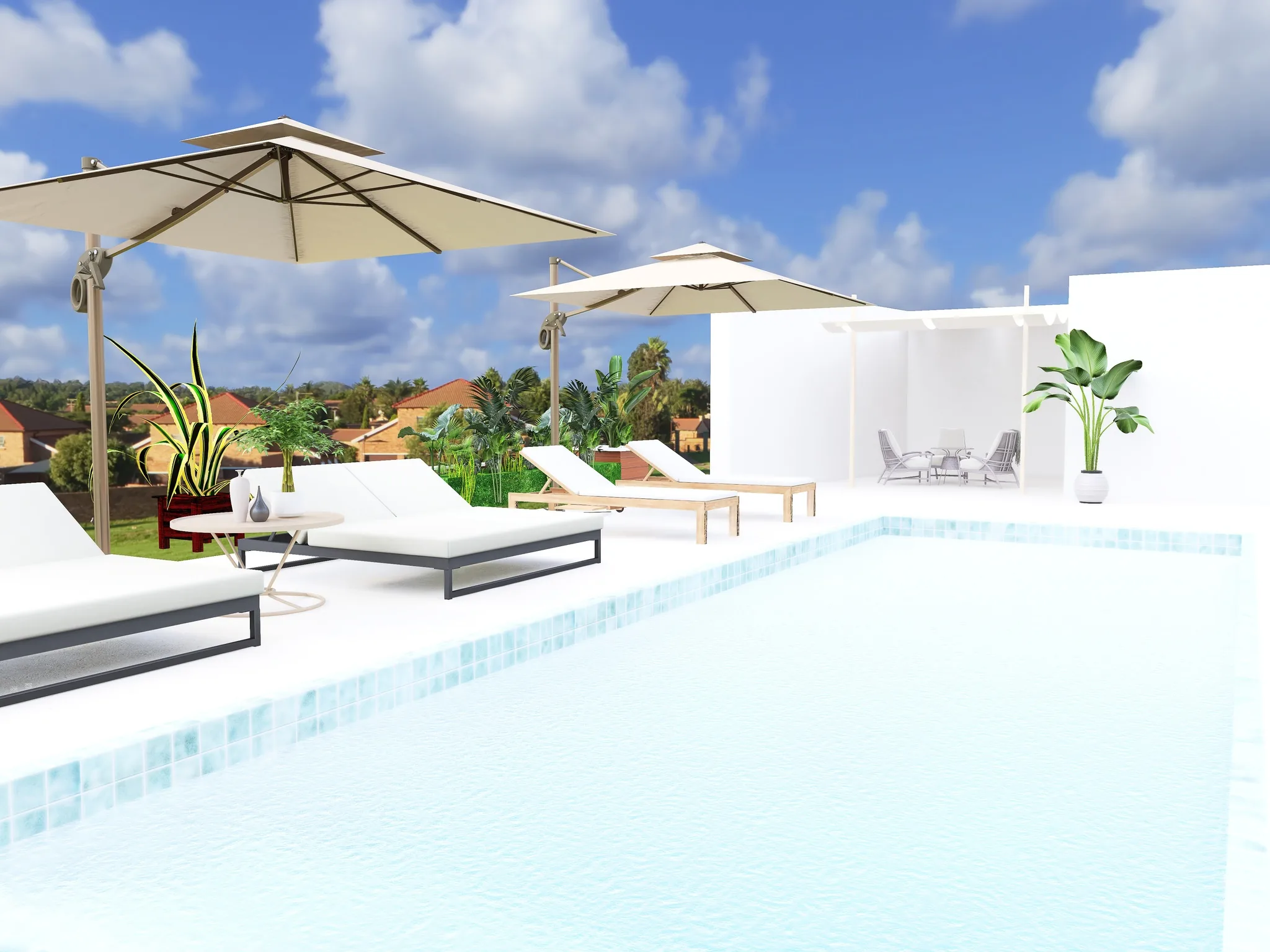 Rendu 3D d’une terrasse : piscine aux carreaux turquoise, bains de soleil blancs, parasols, palmiers.
