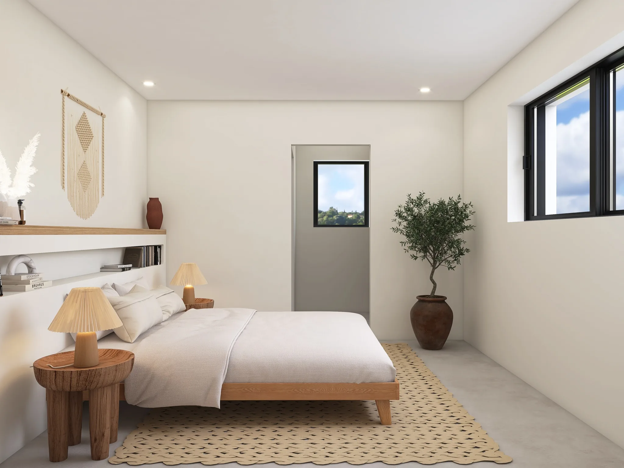 Rendu 3D d’une chambre : lit en bois clair, macramé au mur, lampe en céramique, olivier en pot.