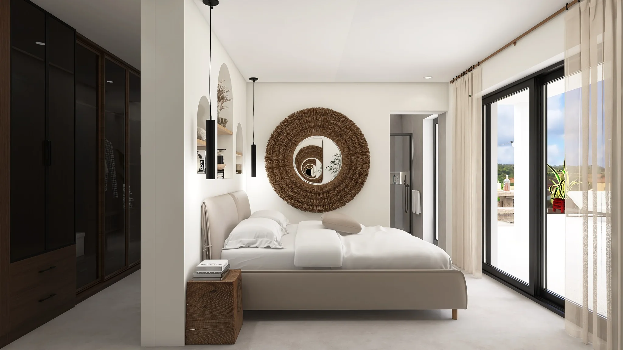 Rendu 3D d’une chambre : lit capitonné beige, miroir en rotin, dressing aux portes vitrées sombres, baie vitrée.