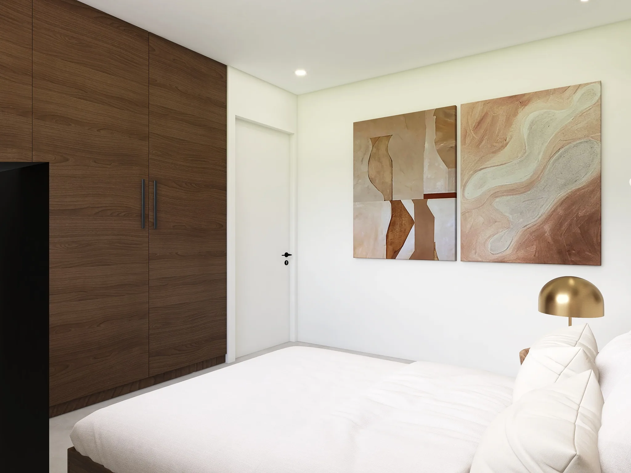 Rendu 3D d’une chambre : grand placard en noyer, deux tableaux abstraits terre et ocre, lampe dorée.